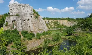 Malowniczy krajobraz rezerwat przyrody Kadzielnia z imponującą skałą, jeziorem i bujną zielenią pod błękitnym niebem.