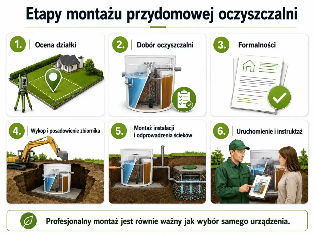 Etapy montażu przydomowej oczyszczalni ścieków: ocena działki, dobór, formalności, wykop, montaż, uruchomienie. Dowiedz się, ile kosztuje przydomowa oczyszczalnia ścieków.