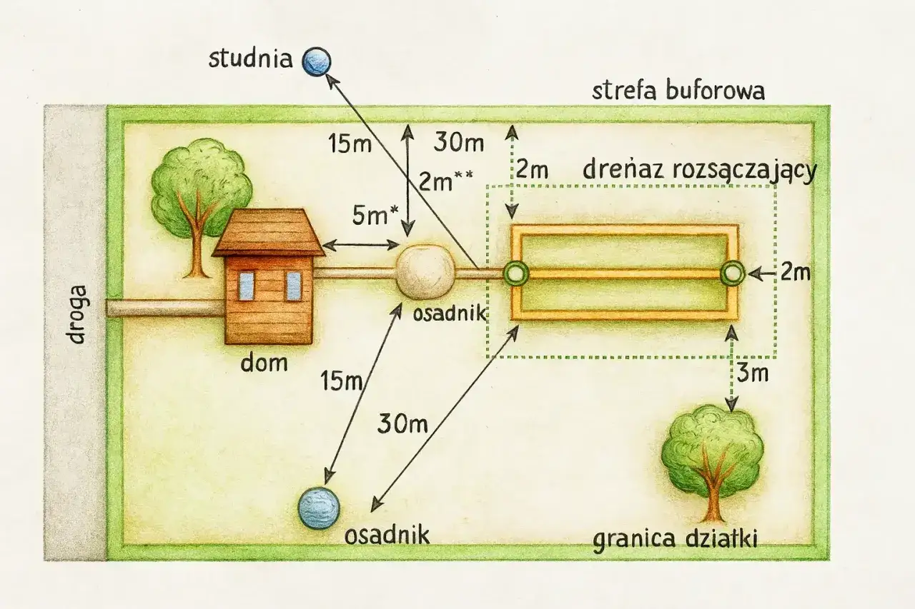 Schemat przydomowej oczyszczalni ścieków: dom, osadnik, drenaż rozsączający, studnia. Pozwala to oszacować, ile kosztuje przydomowa oczyszczalnia ścieków.