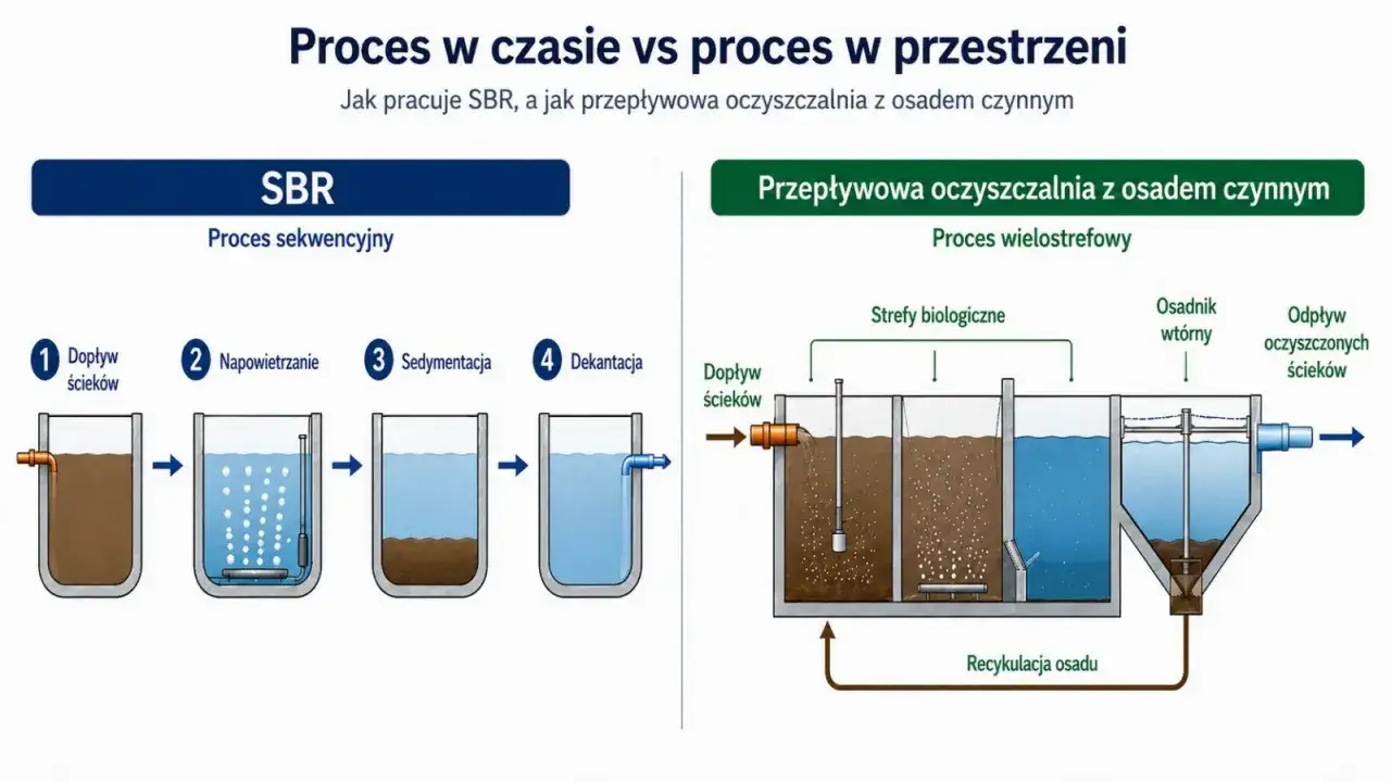 Ilustracja pokazuje, jak działa oczyszczalnia ścieków: proces SBR (sekwencyjny) i proces przepływowy.