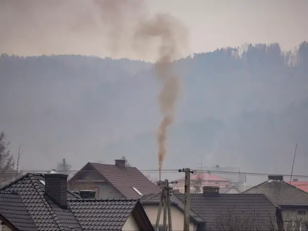 Dym z komina unosi się w szare, mgliste powietrze, tworząc widok typowy dla problemu, jakim jest co to jest smog.